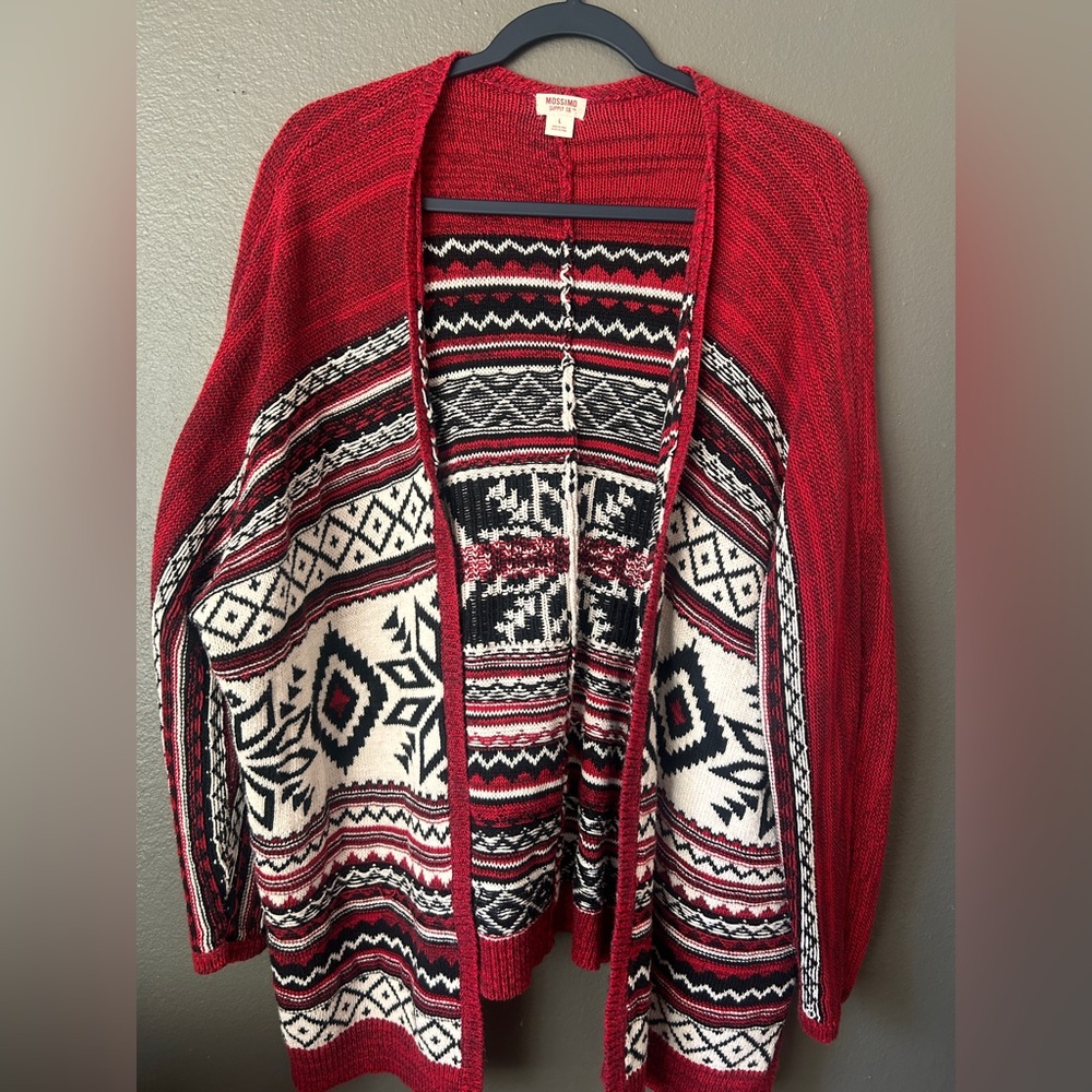 Mossimo Women’s Red And Black Cardigan Open Front Southwestern Aztec Print